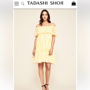 Tadashi Shoji Marisol striped off the shoulder yellow and white dress size 14